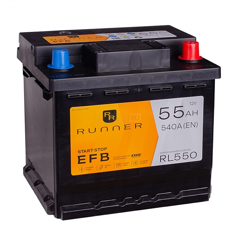 Аккумулятор автомобильный RUNNER EFB 55R RL550 540A ОП (207х175х190) 55 Ач