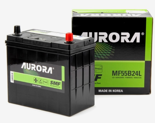 Аккумулятор автомобильный AURORA JIS MF-55B24L 45 А/ч 430А ОП (234х127х220) B24L
