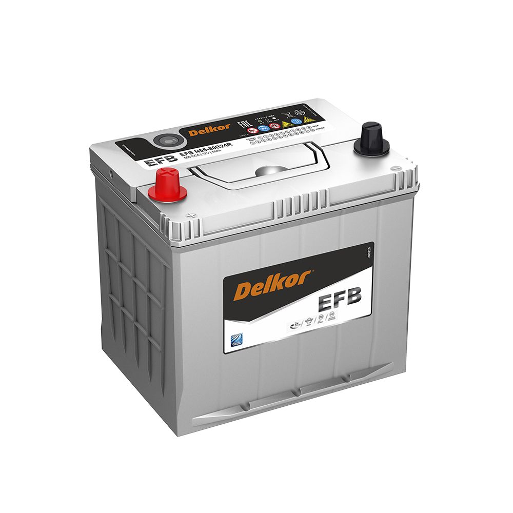 Аккумулятор автомобильный DELKOR EFB 55 80B24R пп 55Ач 500А 237х128х225 тонк кл [B24]