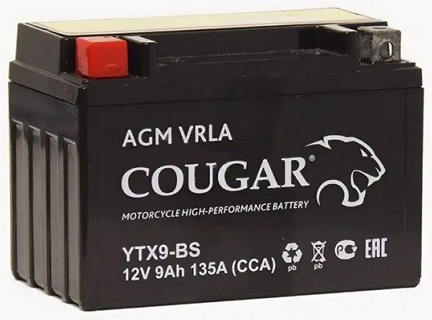 Аккумулятор мотоциклетный COUGAR AGM VRLA 12V9 YTX9-BS 9 Ач