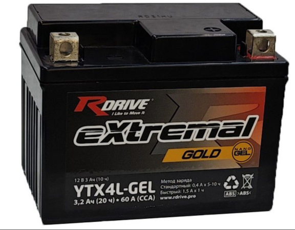 Аккумулятор мотоциклетный RDRIVE GOLD YTX4L-GEL 4А.ч 60А ОП (113x70x85)