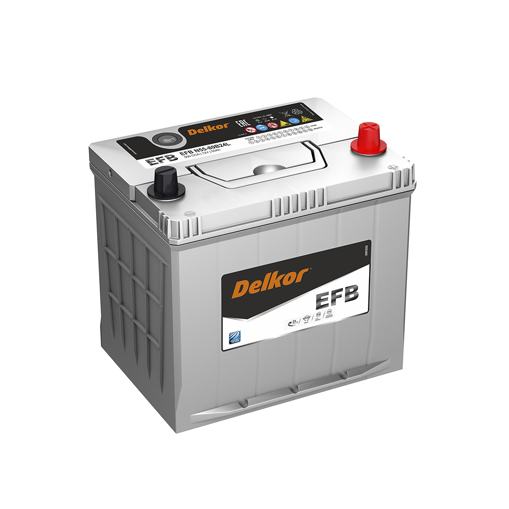 Аккумулятор автомобильный DELKOR EFB 55 80B24L оп 55Ач 500А 237х128х225 тонк кл [B24]