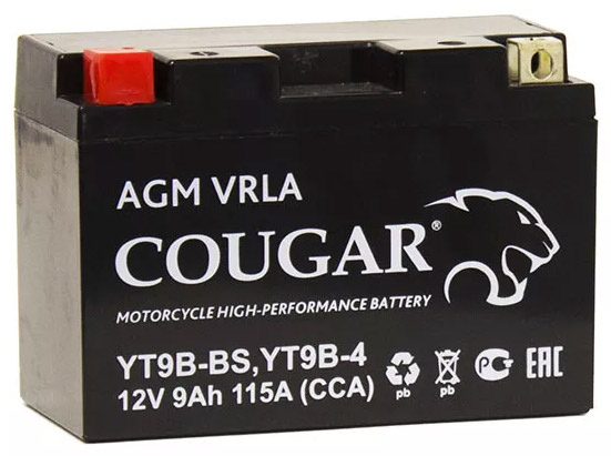 Аккумулятор мотоциклетный COUGAR AGM VRLA 12V9 YT9B-4 9 Ач
