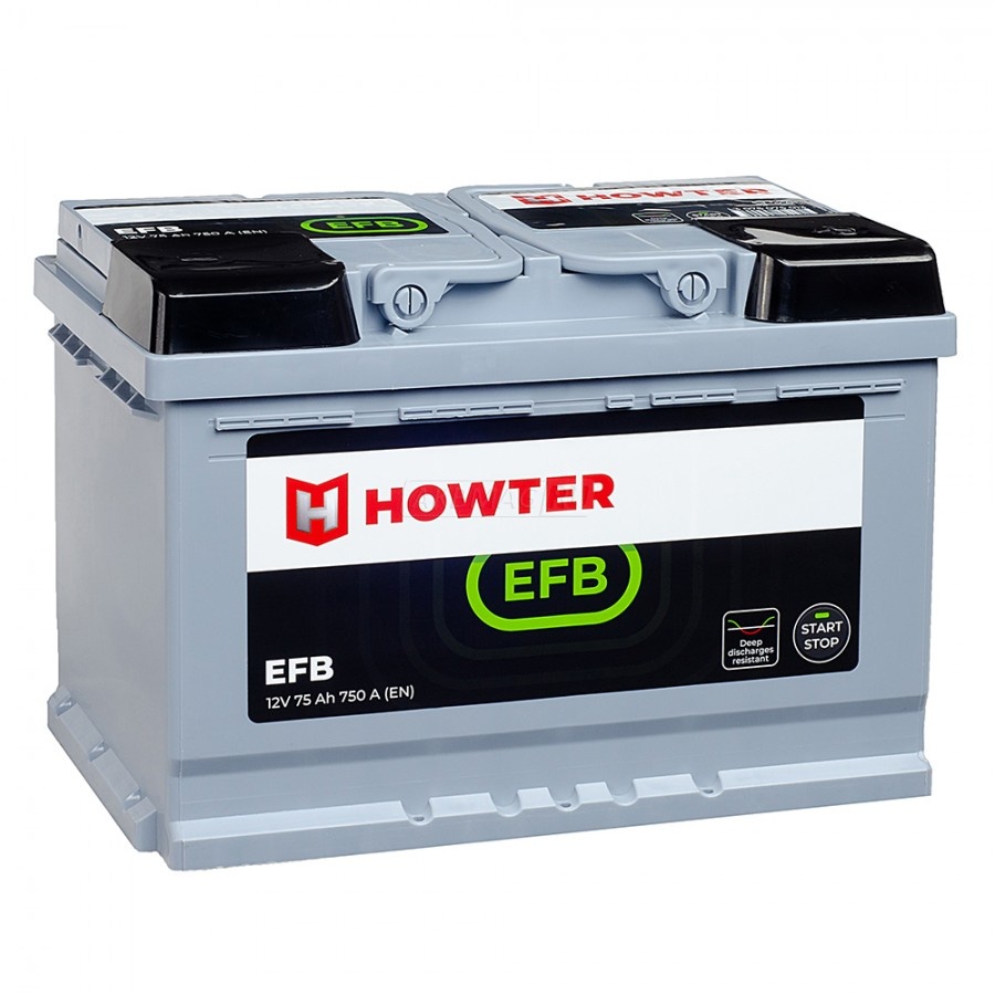 Аккумулятор автомобильный HOWTER EFB 75R 750A 278x175x190 75 Ач