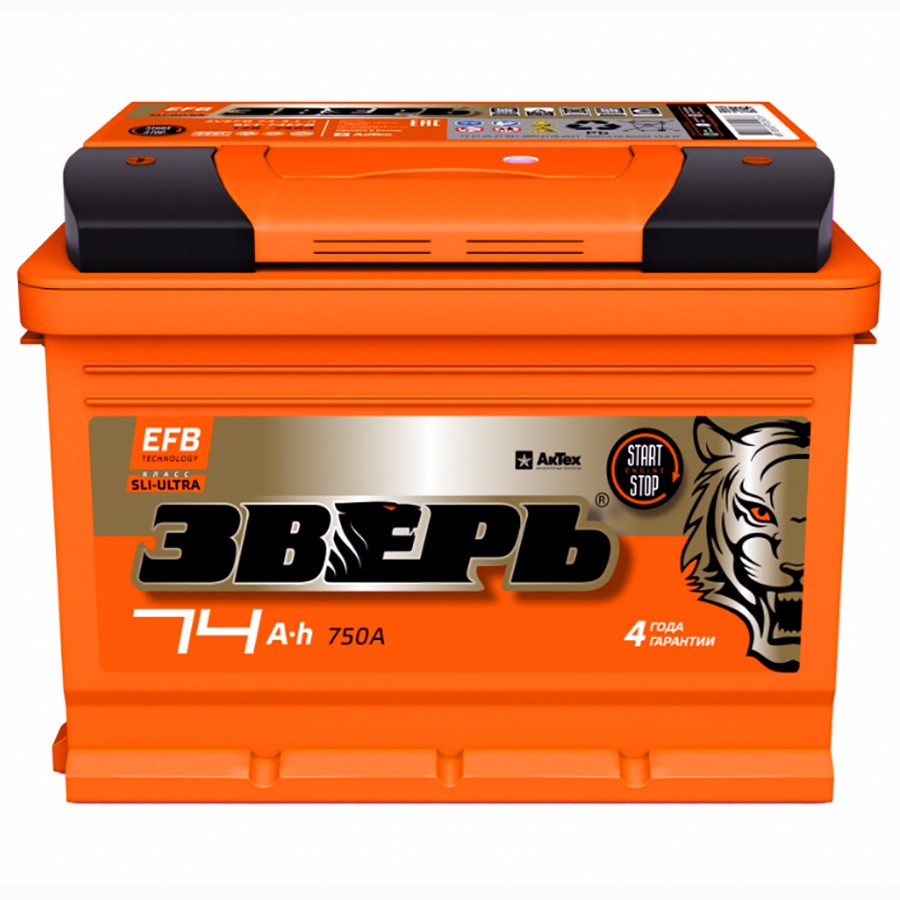 Аккумулятор автомобильный ЗВЕРЬ EFB 74RS 750A ОП (278x175x175) LB3 74 Ач