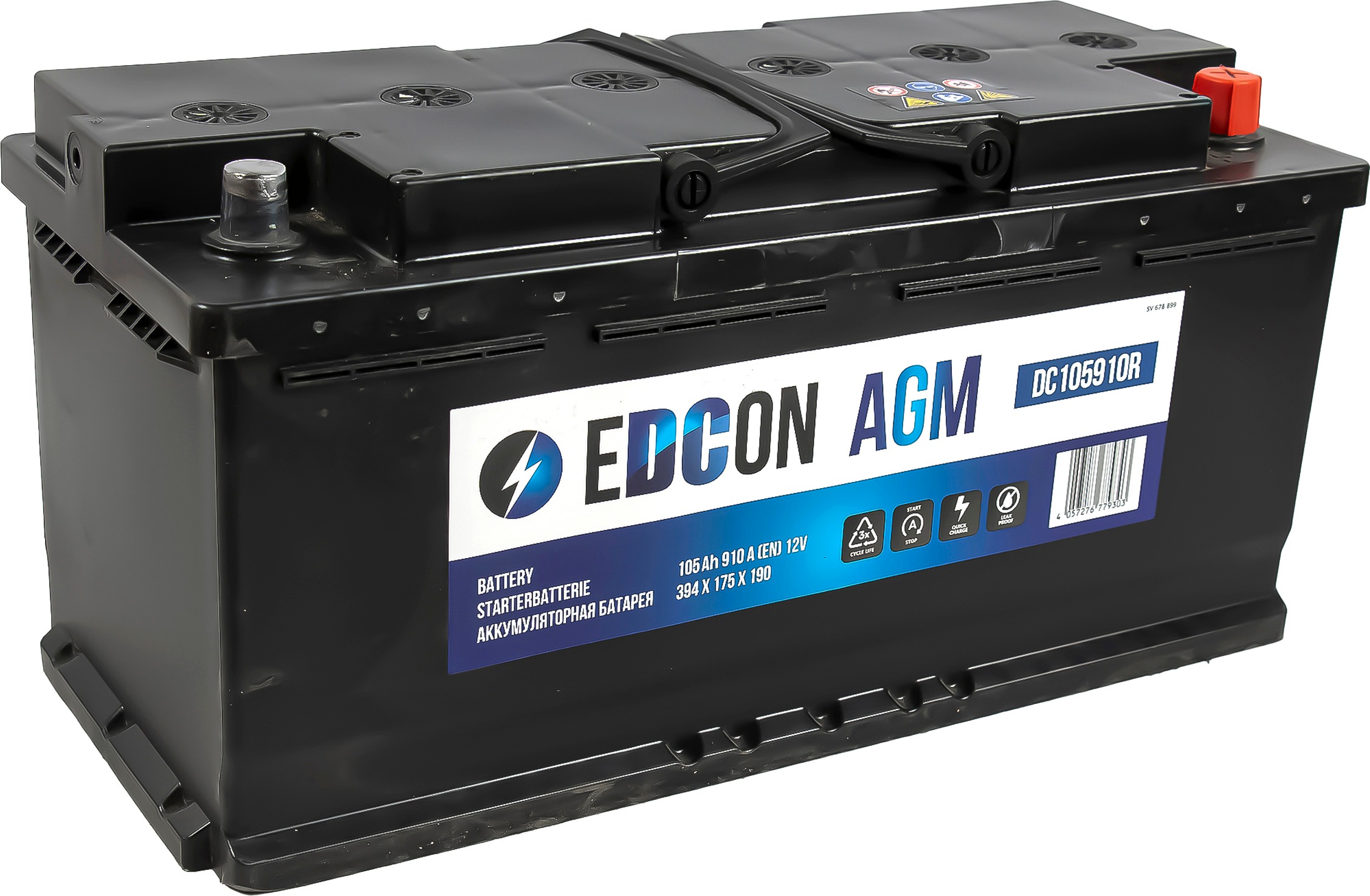 Аккумулятор автомобильный EDCON AGM 105Ah 910A ОП (393x175x190) L6