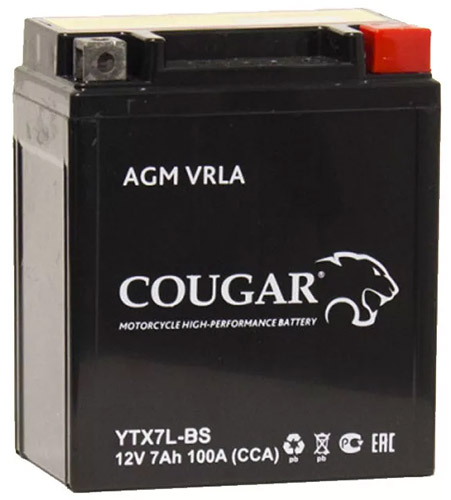 Аккумулятор мотоциклетный COUGAR AGM VRLA 12V7 YTX7L-BS 7 Ач