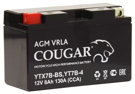 Аккумулятор мотоциклетный COUGAR AGM VRLA 12V8 YT7B-4 8 Ач
