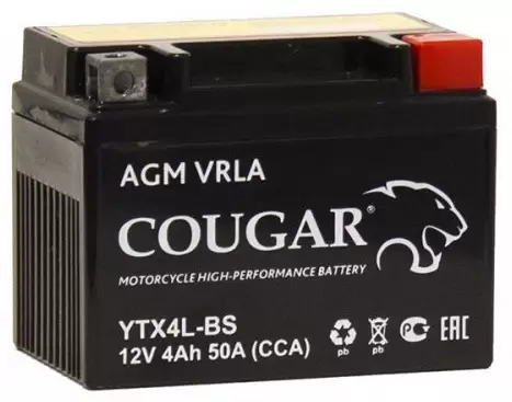 Аккумулятор мотоциклетный COUGAR AGM VRLA 12V4 YTX4L-BS 4 Ач