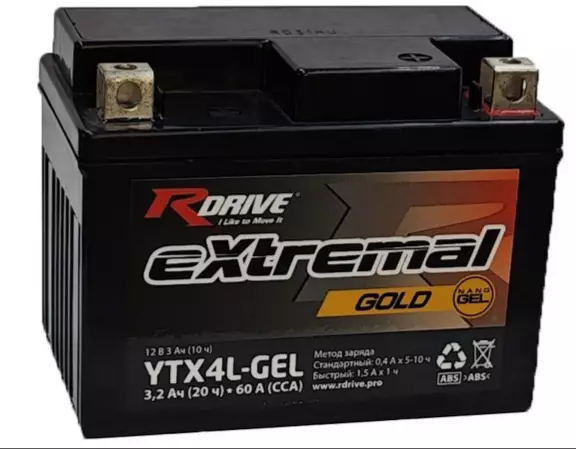 Аккумулятор мотоциклетный RDRIVE GOLD YTX4L-GEL 4А.ч 60А ОП (113x70x85)
