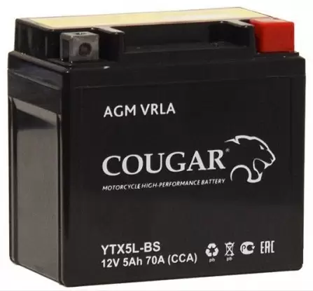 Аккумулятор мотоциклетный COUGAR AGM VRLA 12V5 YTX5L-BS 5 Ач