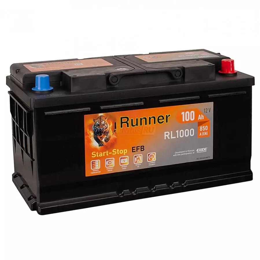 Аккумулятор автомобильный RUNNER EFB 100R RL1000 850A ОП (353х175х190) 100 Ач